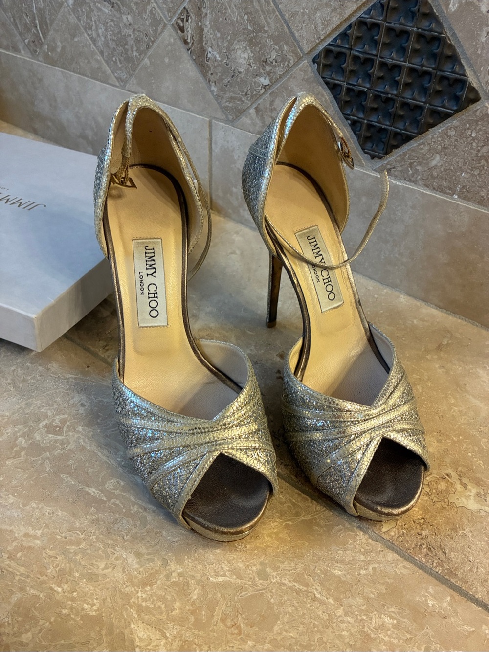 Jimmy Choo Glitter Open-Toe Ankle-Strap Stilettos in Silver